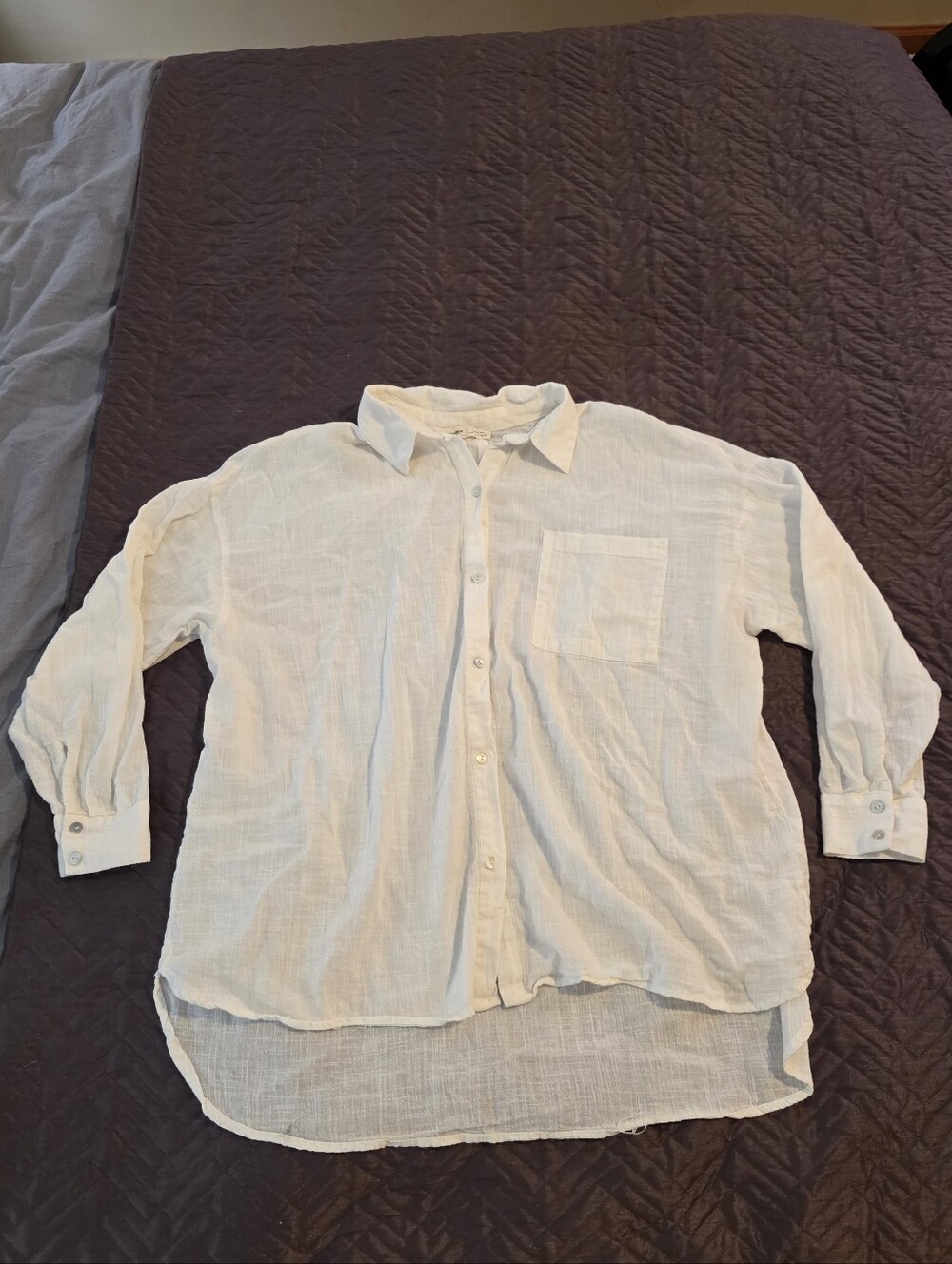 Pull&Bear Cream Button-Down Oversized Sheer Long Sleeve Shirt